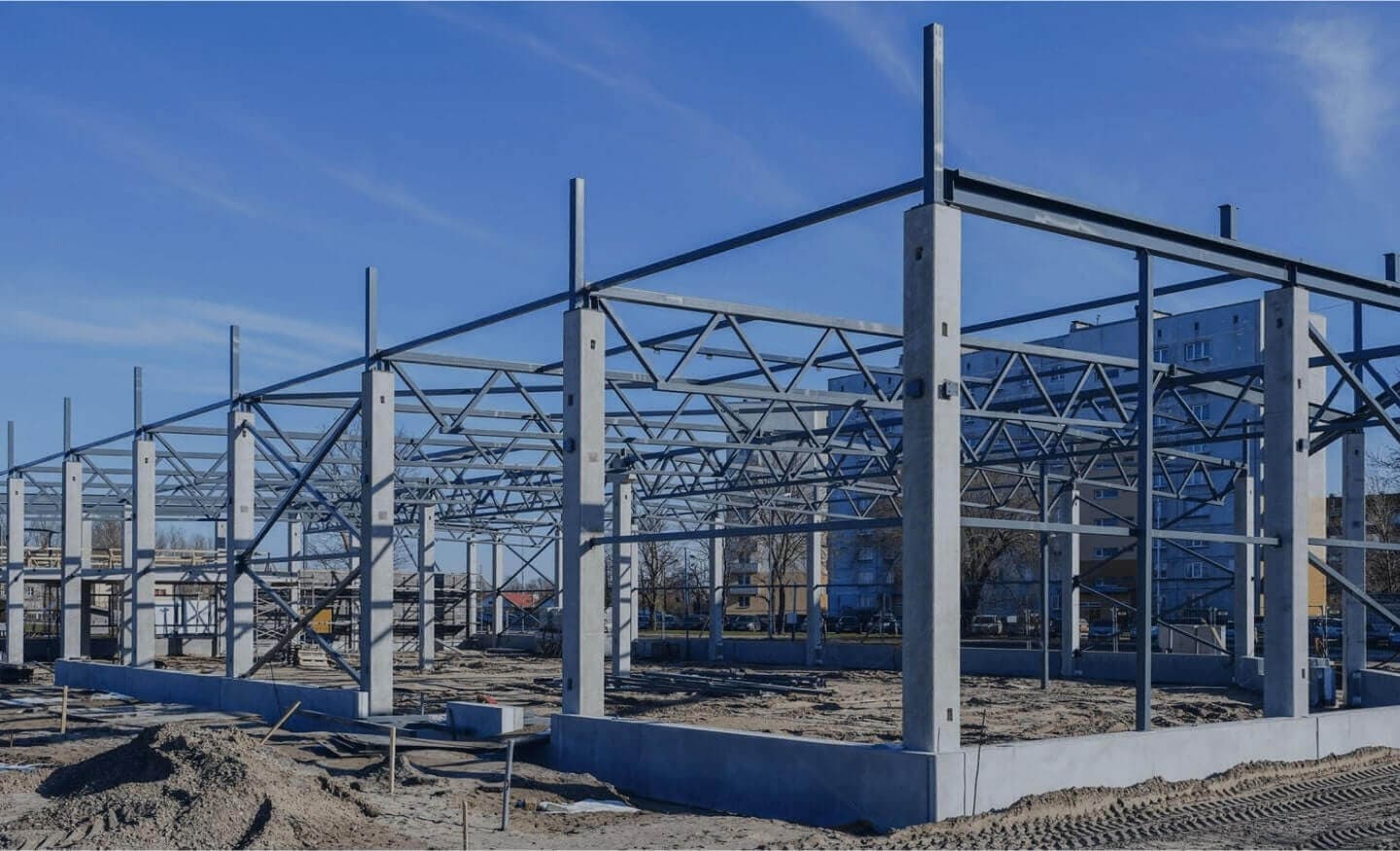Prefabricated steel structural frame erected on a project site